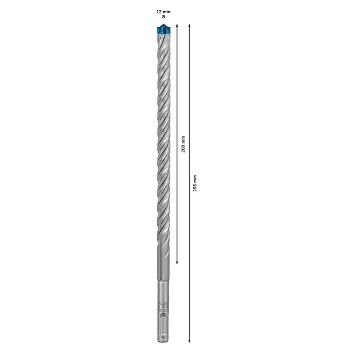 Bosch Expert Beton- & Steinbohrer SDS Plus-7X - 1 Stk., Durchmesser Bohrer: 12 mm, 200 mm - Bild einer 12 mm Betonbohrerspitze mit den Maßen 200 mm und 265 mm für präzise Bohrarbeiten.\n