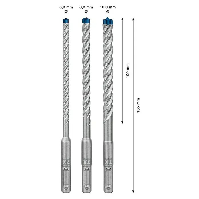 Bosch Expert Bohrer-Set SDS Plus-7X - Materialeignung: Beton, Durchmesser Bohrer: 10 mm, 3 -tlg. - Darstellung von drei Bosch Expert 7X Bohrern in verschiedenen Größen (6,0 mm, 8,0 mm, 10,0 mm), mit Größenangaben.