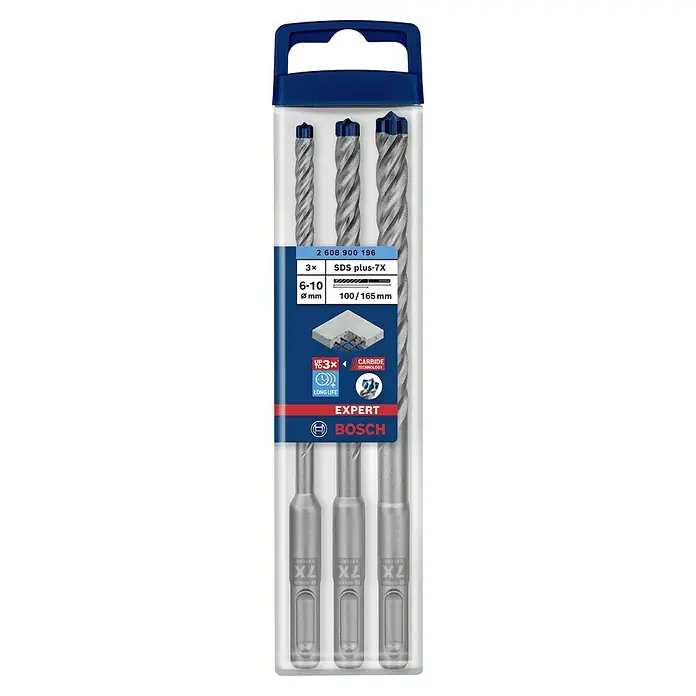 Bosch Expert Bohrer-Set SDS Plus-7X - Materialeignung: Beton, Durchmesser Bohrer: 10 mm, 3 -tlg. - Ein Set von drei Bosch Expert SDS plus-7X Bohrern in verschiedenen Größen, verpackt in einer durchsichtigen Kunststoffhülle mit blauem Griff.