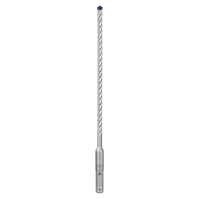 Bosch Expert Beton- & Steinbohrer SDS Plus-7X - 1 Stk., Durchmesser Bohrer: 6 mm, 150 mm - Nahaufnahme eines Betonbohrers mit spiralförmigem Design und blauer Spitze, ideal für schwere Bohrarbeiten.
