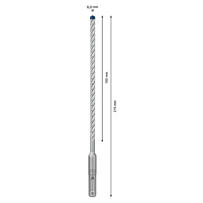 Bosch Expert Beton- & Steinbohrer SDS Plus-7X - 1 Stk., Durchmesser Bohrer: 6 mm, 150 mm - Bild einer Bosch Expert 7X Bohrmaschine mit den Maßen 6,0 mm Durchmesser und 215 mm Länge.