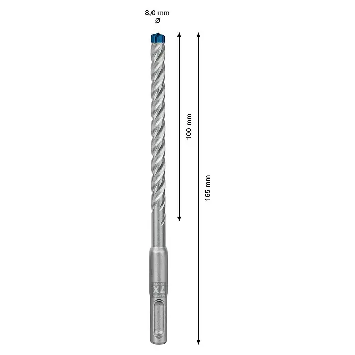 Bosch Expert Beton- & Steinbohrer SDS Plus-7X - 1 Stk., Durchmesser Bohrer: 8 mm, 100 mm - Abbildung eines Bosch EXPERT 7X Bohrers mit den Maßen 8,0 mm Durchmesser und einer Länge von 165 mm, wobei die Bohrspirale 100 mm lang ist.
