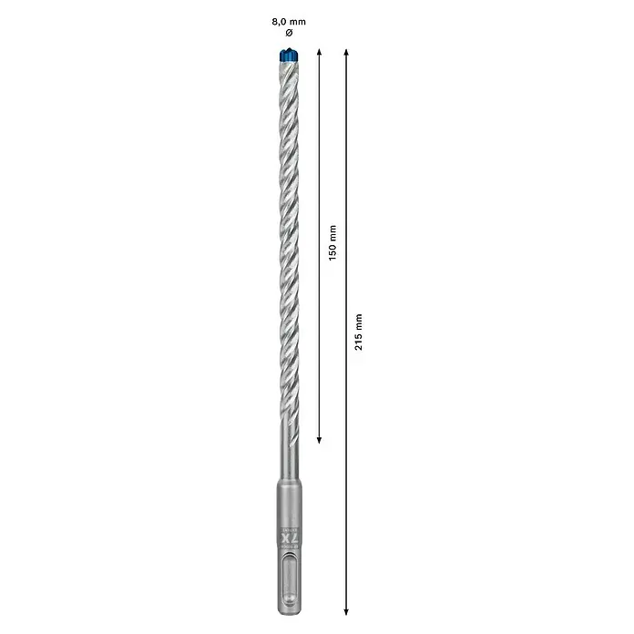 Bosch Expert Beton- & Steinbohrer SDS Plus-7X - 1 Stk., Durchmesser Bohrer: 10 mm, 265 mm - Bild einer SDS-Plus-Bohrmaschine mit einer Länge von 215 mm, einem Durchmesser von 8,0 mm und einer spiralförmigen Nut für effizientes Bohren.