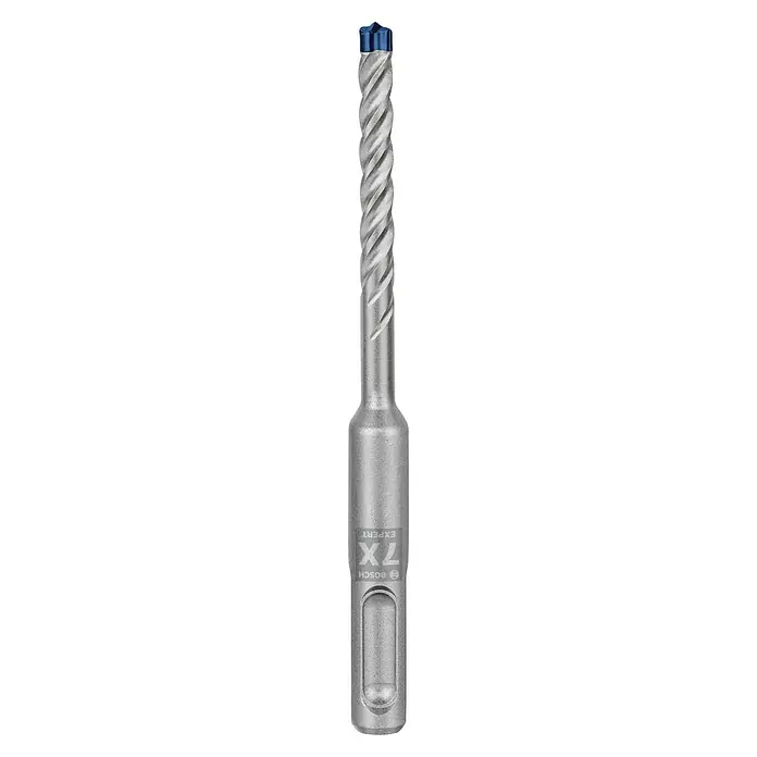 Bosch Expert Beton- & Steinbohrer SDS Plus-7X - 1 Stk., Durchmesser Bohrer: 6 mm, 50 mm - Abbildung eines Bosch Expert SDS plus-7X Bohrers, ideal zum Bohren in Beton und Mauerwerk, mit blauer Spitze und spiralförmigem Design.