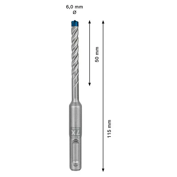 Bosch Expert Beton- & Steinbohrer SDS Plus-7X - 1 Stk., Durchmesser Bohrer: 6 mm, 50 mm - SDS-plus Bohrer Bosch Expert 7X mit 6,0 mm Durchmesser und einer Gesamtlänge von 115 mm für präzise Bohrarbeiten in harten Materialien.