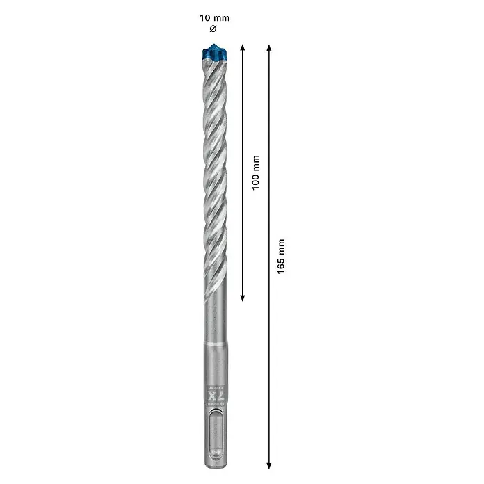 Bosch Expert Beton- & Steinbohrer SDS Plus-7X - 1 Stk., Durchmesser Bohrer: 10 mm, 165 mm - Abbildung eines 10mm Bosch Expert SDS-plus 7X Hammerbohrers mit einer Länge von 165mm, ideal zum Bohren in Beton und Mauerwerk.