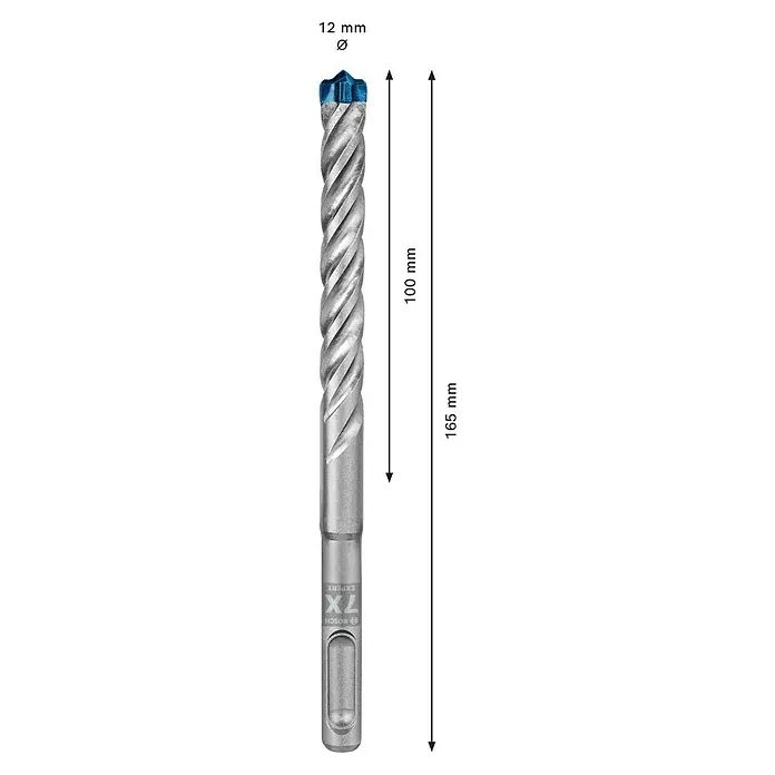 Bosch Expert Beton- & Steinbohrer SDS Plus-7X - 1 Stk., Durchmesser Bohrer: 12 mm, 100 mm - Abbildung eines Bosch EXPERT 7X Bohrers mit den Maßen 12 mm Durchmesser, 100 mm Spirallänge und 165 mm Gesamtlänge.