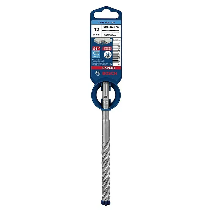 Bosch Expert Beton- & Steinbohrer SDS Plus-7X - 1 Stk., Durchmesser Bohrer: 12 mm, 100 mm - Nahaufnahme eines Bosch Expert SDS plus-7X Bohrers, ideal für Betonarbeiten, mit 12 mm Durchmesser und 100/165 mm Länge.
