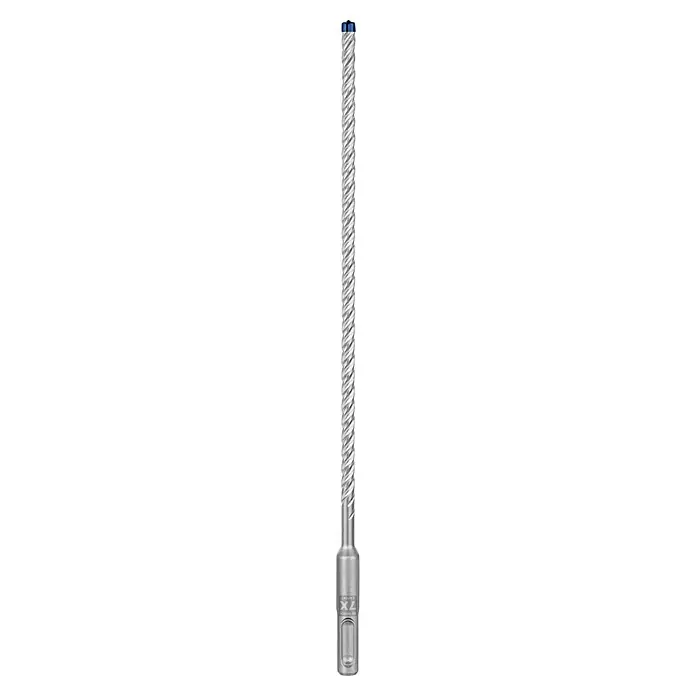 Bosch Expert Beton- & Steinbohrer SDS Plus-7X - 1 Stk., Durchmesser Bohrer: 6 mm, 200 mm - Das Bild zeigt einen spiralverzahnten Fräser mit blauer Spitze. Ideal zum Bearbeiten von harten Materialien.