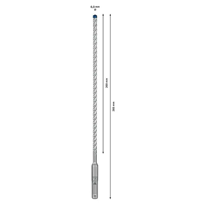 Bosch Expert Beton- & Steinbohrer SDS Plus-7X - 1 Stk., Durchmesser Bohrer: 6 mm, 200 mm - Bild einer 6,0 mm Betonbohrkrone, 265 mm Gesamtlänge und 200 mm Arbeitslänge.