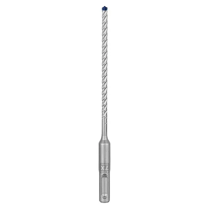 Bosch Expert Beton- & Steinbohrer SDS Plus-7X - 1 Stk., Durchmesser Bohrer: 5 mm, 100 mm - Nahaufnahme eines Bosch 7X Expert Bohrhammers, ideal für harte Materialien mit seiner robusten Konstruktion und spiralförmigen Schneide.
