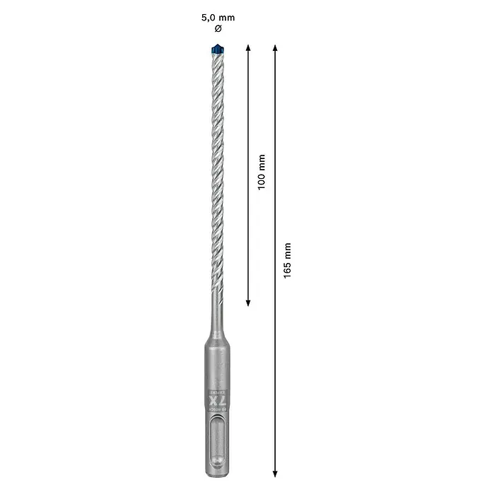 Bosch Expert Beton- & Steinbohrer SDS Plus-7X - 1 Stk., Durchmesser Bohrer: 5 mm, 100 mm - SDS Plus Hammerbohrer Bosch Expert 7X, 5,0 mm Durchmesser, 165 mm Gesamtlänge und 100 mm Arbeitslänge für präzise Bohrarbeiten.