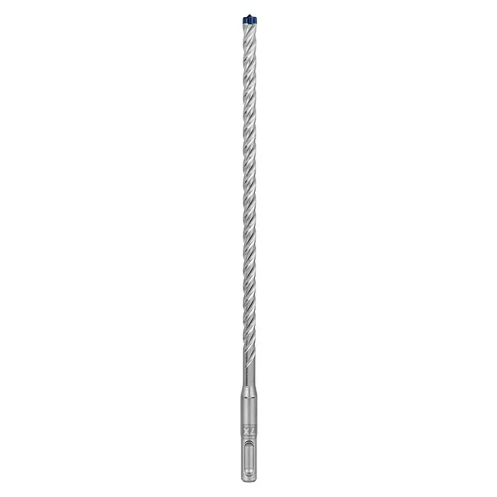 Bosch Expert Beton- & Steinbohrer SDS Plus-7X - 1 Stk., Durchmesser Bohrer: 8 mm, 200 mm - Ein detailliertes Bild eines silbernen Spiralbohrers mit einem blauen Ende, das die komplexe Struktur und das Design des Werkzeugs hervorhebt.