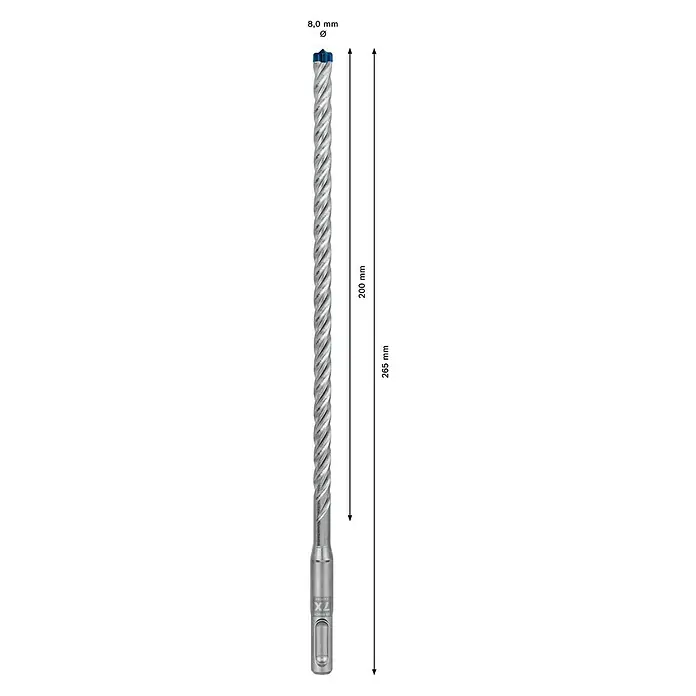 Bosch Expert Beton- & Steinbohrer SDS Plus-7X - 1 Stk., Durchmesser Bohrer: 8 mm, 200 mm - Abbildung eines Steinbohrers mit den Maßen 8,0 mm Durchmesser und 265 mm Länge.