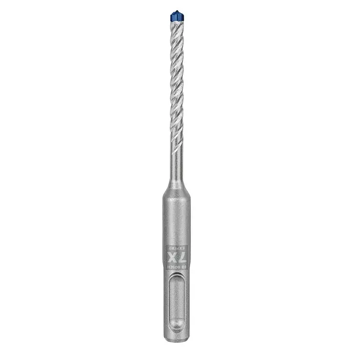 Bosch Expert Beton- & Steinbohrer SDS Plus-7X - 1 Stk., Durchmesser Bohrer: 5 mm, 50 mm - Nahaufnahme eines Bosch Expert SDS plus-7X Hammerbohrers mit blauer Spitze, ideal zum Bohren in Beton und Mauerwerk.