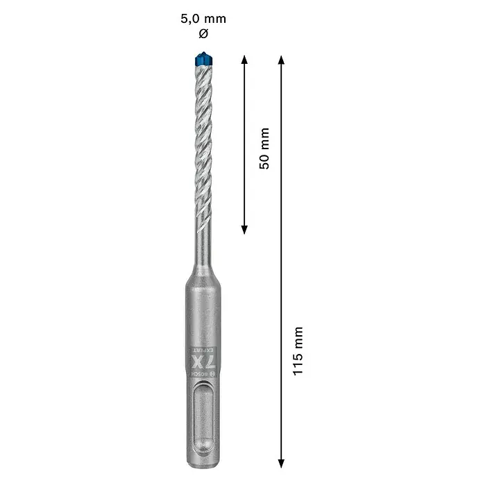 Bosch Expert Beton- & Steinbohrer SDS Plus-7X - 1 Stk., Durchmesser Bohrer: 5 mm, 50 mm - Abbildung eines Bosch Expert 7X Bohrer mit Größenangaben: 5,0 mm Durchmesser, 50 mm Bohrlänge und 115 mm Gesamtlänge.