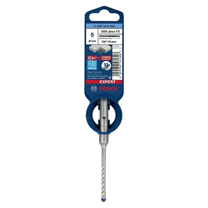 Bosch Expert Beton- & Steinbohrer SDS Plus-7X - 1 Stk., Durchmesser Bohrer: 5 mm, 50 mm - Nahaufnahme eines Bosch Expert SDS plus-7X Hammerbohrers, 5 mm Durchmesser, verpackt in einer blauen Kunststoffhülle.