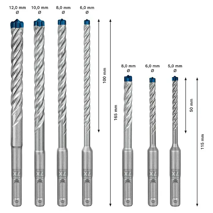 Bosch Expert Bohrer-Set SDS Plus-7X - Materialeignung: Beton, Durchmesser Bohrer: 12 mm, 7 -tlg. - Eine Aufnahme von verschiedenen Bosch EXPERT 7X Bohrern, inklusive Größenangaben für Durchmesser und Länge.