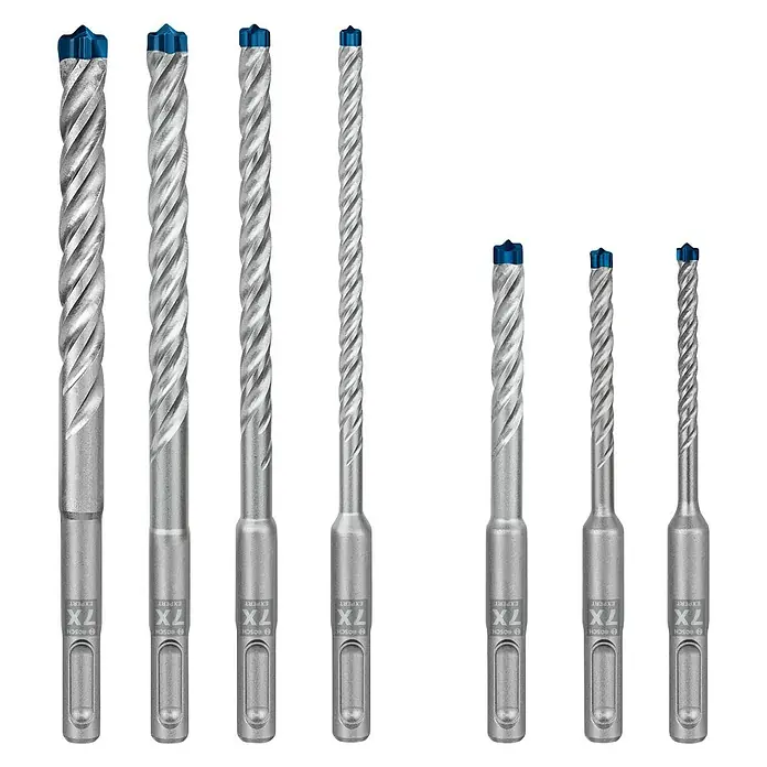 Bosch Expert Bohrer-Set SDS Plus-7X - Materialeignung: Beton, Durchmesser Bohrer: 12 mm, 7 -tlg. - Darstellung von Bosch Expert 7X-Bohrern, die für ihre hohe Leistung und Lebensdauer beim Bohren in Beton und Mauerwerk bekannt sind.