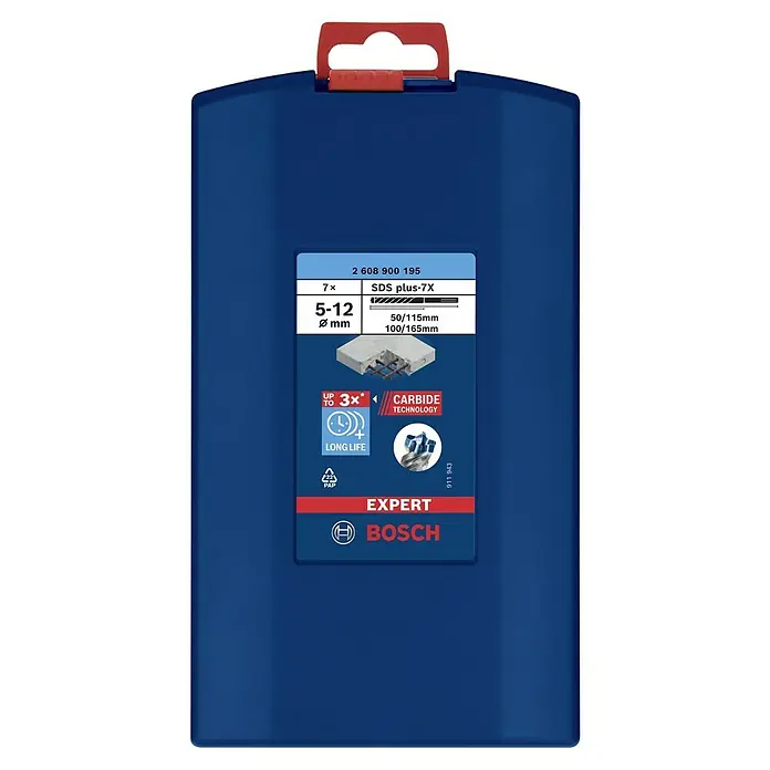 Bosch Expert Bohrer-Set SDS Plus-7X - Materialeignung: Beton, Durchmesser Bohrer: 12 mm, 7 -tlg. - Eine blaue Box, die ein Bosch Expert SDS plus-7X Bohrerset mit Durchmessern von 5-12mm enthält. Ideal für verschiedene Bohranwendungen.