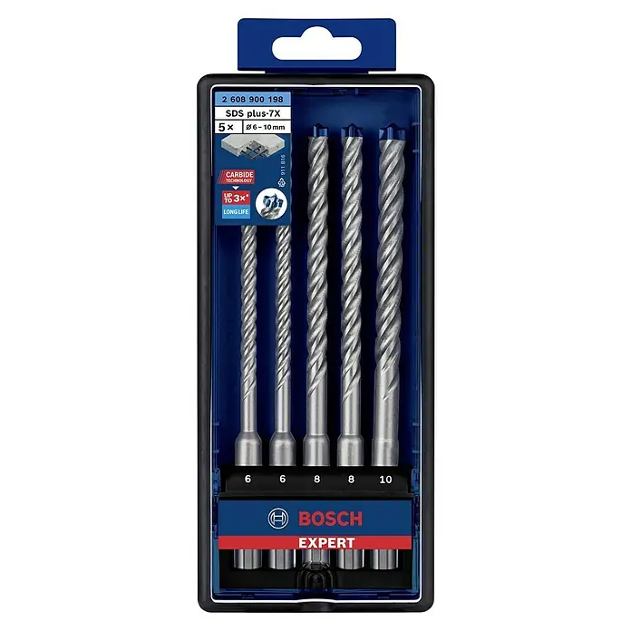 Bosch Expert Bohrer-Set SDS Plus-7X - Materialeignung: Beton, Durchmesser Bohrer: 10 mm, 5 -tlg. - Bosch Expert SDS plus-7X Hammerbohrer-Set mit 5 Bohrern in verschiedenen Größen (6-10mm), ideal für Betonarbeiten.