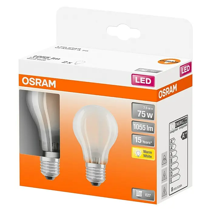 Osram Star LED-Lampen Set Glühlampenform E27 matt - E27, Nicht Dimmbar, Warmweiß, 1.055 lm, 7,5 W - Die OSRAM LED-Glühbirne mit 75W Leistung und E27-Sockel im Doppelpack. Energiesparend und langlebig.