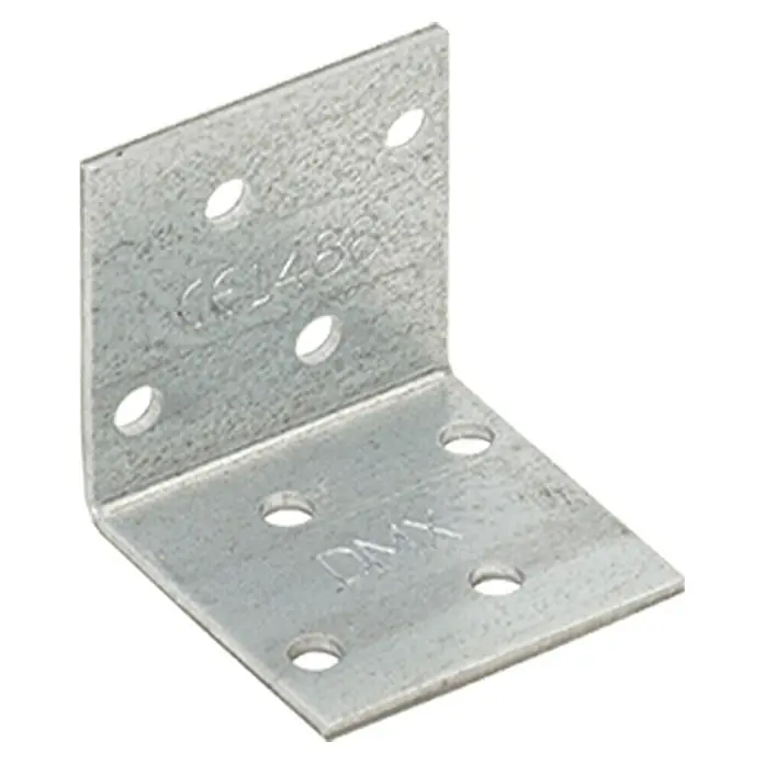 Stabilit Conector en ángulo - 40 x 40 x 40 mm, Acero - Un ángulo de metal con agujeros, perfecto para construcciones de madera y fabricación de muebles, asegurando una conexión sólida y fiable.