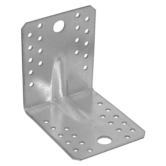 Stabilit Schwerlast-Winkelverbinder - 105 x 90 x 105 mm, Stahl, 1 Stk. - Nahaufnahme einer silbernen Winkelkonsole mit zahlreichen Löchern für Schrauben, die zur Befestigung von Holzelementen verwendet wird.