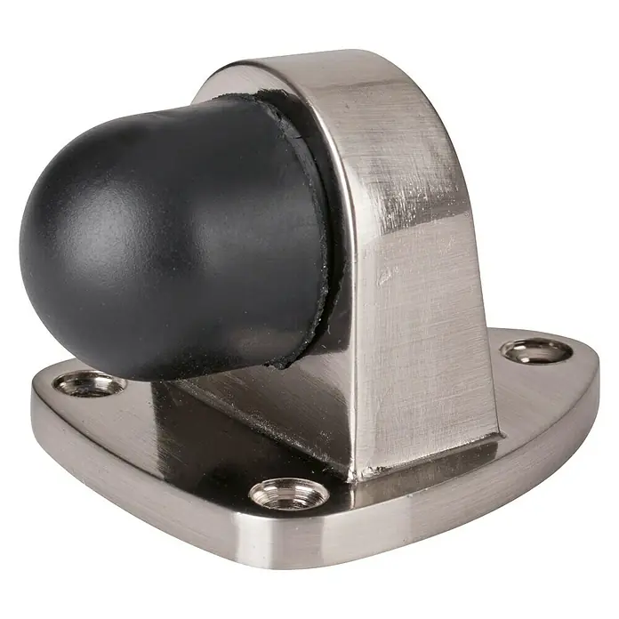 Türstopper Nickel satiniert - L x B x H: 50 x 50 x 30 mm, Montageart: Schrauben, Silber/Schwarz - Ein Türstopper mit schwarzem Gummipuffer und einer Basis aus gebürstetem Nickel, ideal zum Schutz von Wänden vor Türschlägen.