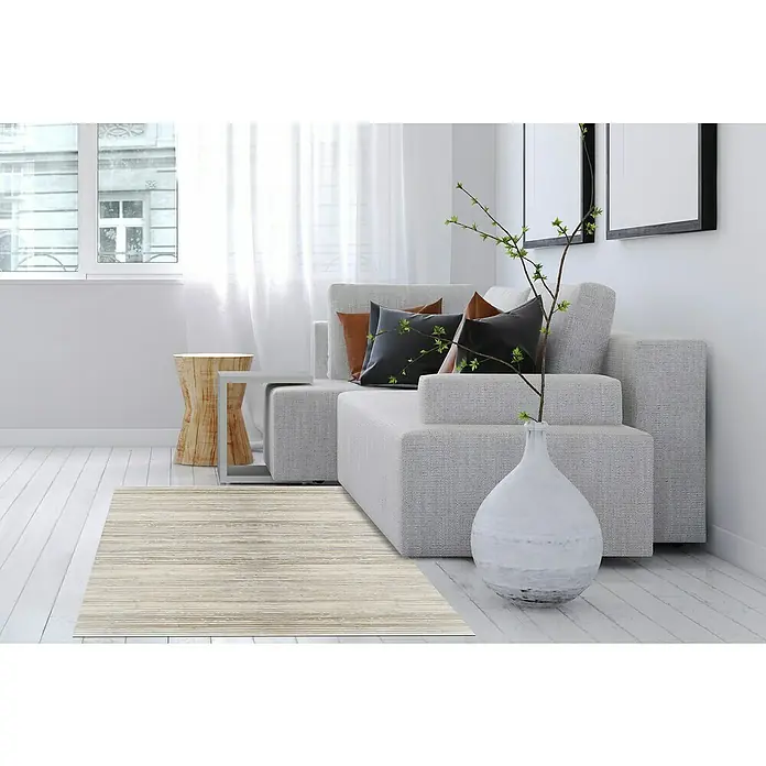 Alfombra de bambú Cool - Yeso, 200 x 50 cm - Una elegante habitación con una alfombra de colores claros que complementa los suaves tonos del sofá y la decoración.