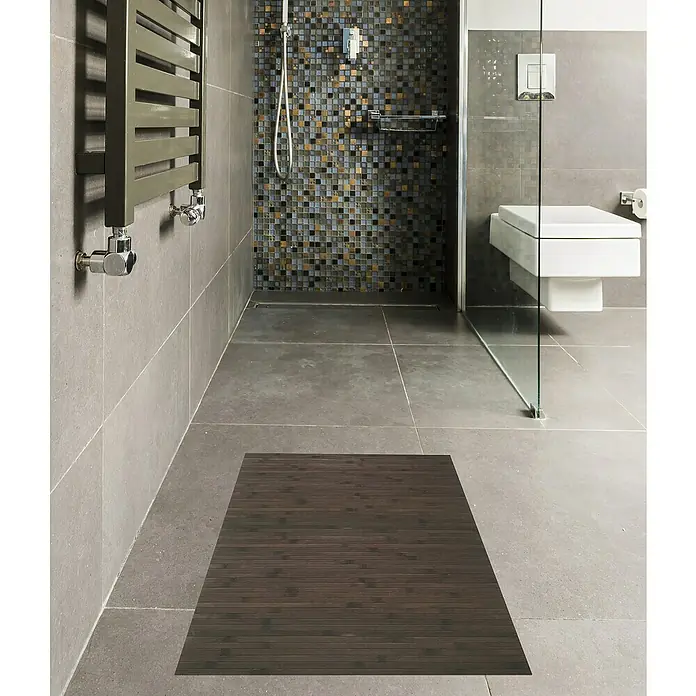 Alfombra de bambú Cool - Wengue, 140 x 50 cm - Alfombra de baño de láminas marrón oscuro que añade un toque natural y cálido al baño moderno. Comodidad y estilo.