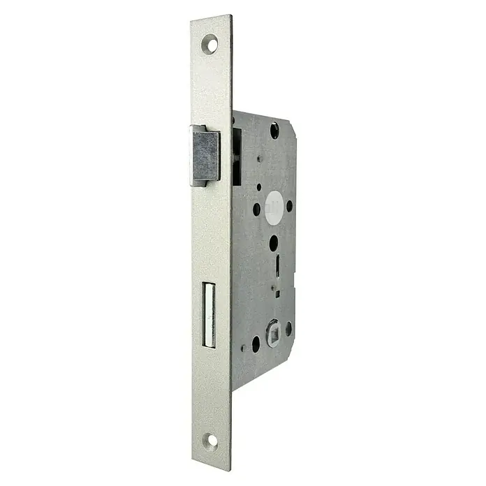 Stabilit WC-Einsteckschloss - Links, Silber, Stulpform: Eckig - Ein Türschloss-Einsteckschloss aus Metall mit einer rechteckigen Frontplatte und einem Riegel, das für Sicherheit und Privatsphäre sorgt.