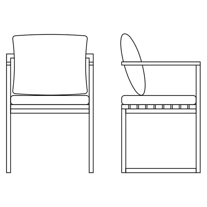 SENSUM Gartenstuhl Eksjö - Teak, Natur, Schwarz, B x T x H: 52,5 x 57,5 x 66 cm - Schematische Darstellung eines modernen Sessels mit klaren Linien und bequemen Polstern, ideal für Wohn- und Arbeitsbereiche.