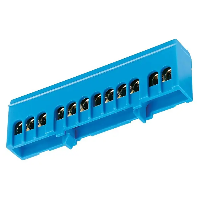 Null-Leiterklemme - Polanzahl: 12 Stk., 16 mm², Blau - Nahaufnahme eines blauen Reihenklemmenblocks mit mehreren Anschlüssen. Zum Verbinden von elektrischen Leitungen in Schaltschränken.