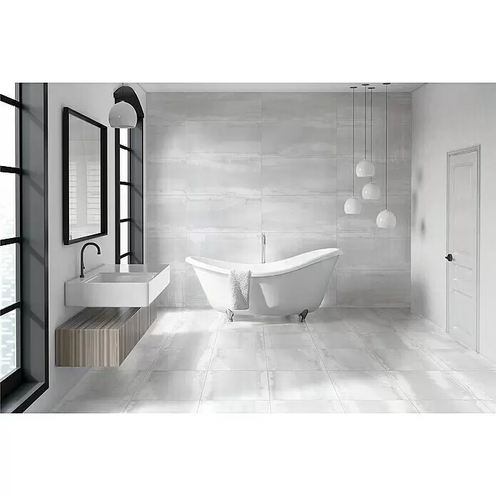 Oxyd Bodenfliese - 60 cm x 120 cm x 9 mm, Weiß, Schimmernd, Rektifiziert - Stimmungsaufnahme