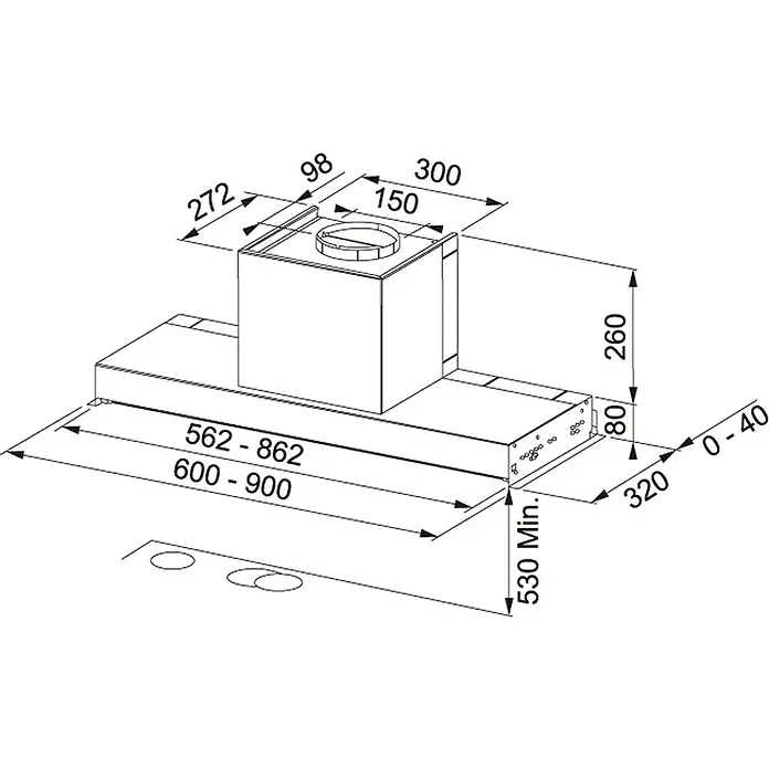 Mepamsa Campana integrable Discret - Ancho: 90 cm, Máx. Potencia del ventilador en modo extracción: 360 m³/h, Acero inoxidable - Dibujo técnico de una campana extractora con dimensiones para la planificación e instalación de la campana de cocina.