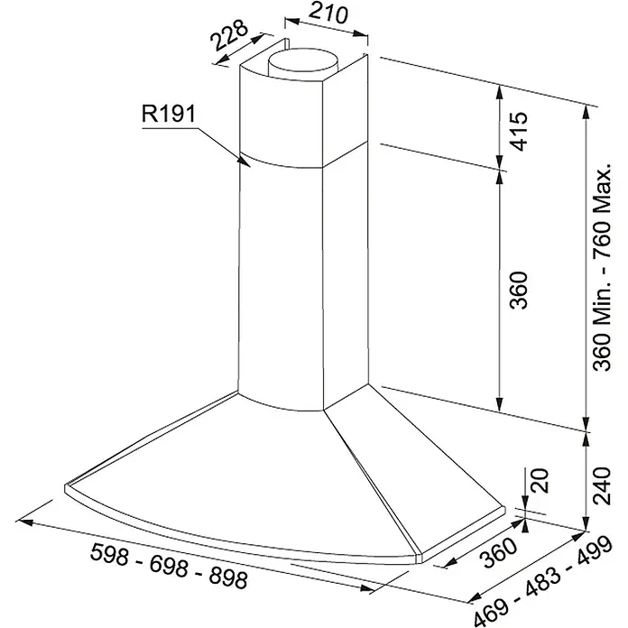 Mepamsa Campana de pared Tender H - Ancho: 90 cm, Máx. Potencia del ventilador en modo extracción: 620 m³/h, Acero inoxidable - Un dibujo técnico de una campana extractora, que detalla varias medidas.