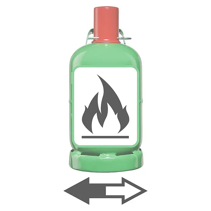Knauber Propangas-Füllung - Passend für: Knauber Gas-Pfandflaschen, 5 kg - Grüne Gasflasche mit rotem Verschluss und Gefahrenzeichen für brennbare Stoffe, mit Pfeilen, die eine Bewegung nach links oder rechts andeuten.