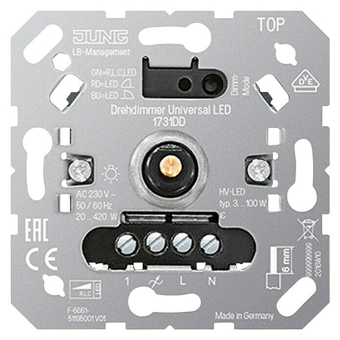 Jung LED-Dimmer3 W - 420 W, Metall, Unterputz Front View