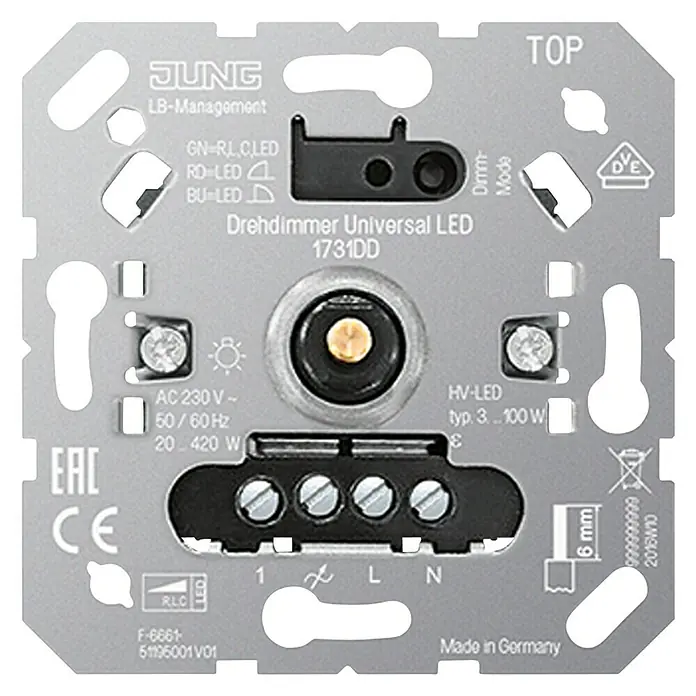 Jung LED-Dimmer Universal 1731 DD - Metall - Bild eines JUNG Drehdimmer Universal LED 1731DD, der für eine Vielzahl von Leuchtmitteln geeignet ist und eine einfache Installation ermöglicht.