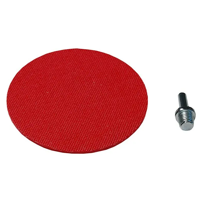 Gummischleifteller - Durchmesser: 125 mm, Durchmesser Schaft: 8 mm - Nahaufnahme eines roten Schleifpads und eines Metallstiftes, die zusammen ein Schleifwerkzeug bilden.