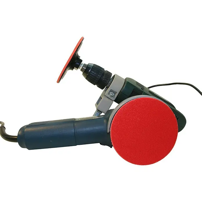Gummischleifteller - Durchmesser: 125 mm, Durchmesser Schaft: 8 mm - Bild einer Poliermaschine mit roter Polierscheibe und einem Bohrmaschinaufsatz.
