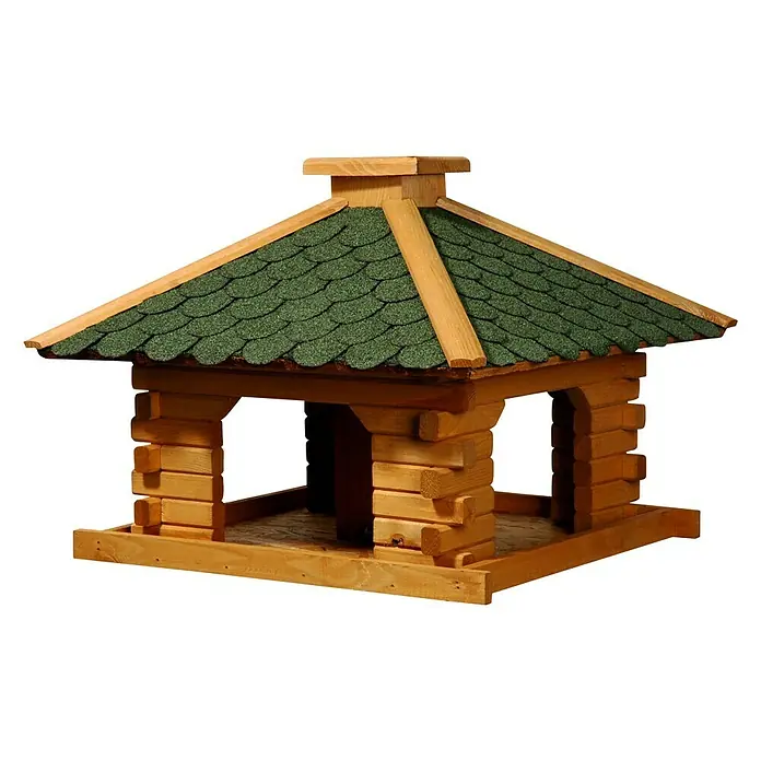 Dobar Vogelhaus Rustikal - 50 x 50 x 38 cm, Holz, Naturbraun/Grün - Bild eines hölzernen Vogelhauses mit grünem Dach. Das Vogelhaus hat eine quadratische Form und ist auf einem schwarzen Hintergrund platziert.