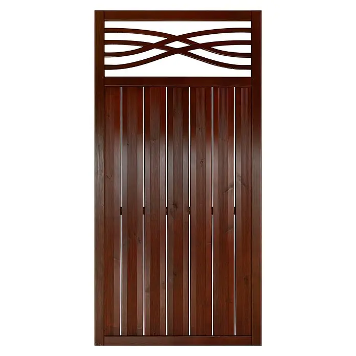 Andrewex Sichtschutzelement Malaga - B x H: 90 x 180 cm, Braun - Das Bild zeigt ein dekoratives Holztor mit einem kunstvollen, geflochtenen Oberteil und vertikalen Holzlatten in einem satten, dunklen Farbton.