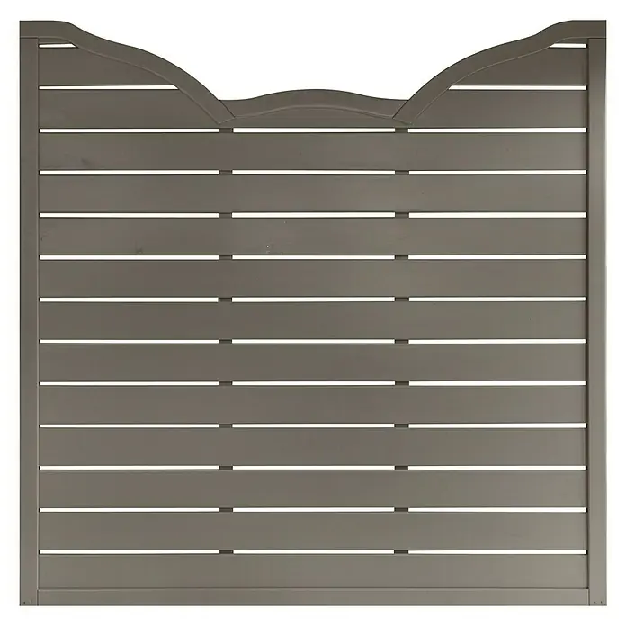 Andrewex Sichtschutzelement Calais - 180 x 180 cm, Mit Bogen, Grau - Eine stilvolle, graue Gartentür mit dekorativer Oberkante und horizontalen Lamellen für Privatsphäre und modernes Design.