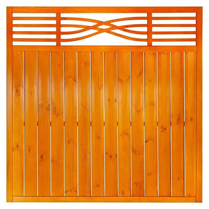 Andrewex Sichtschutzelement Malaga - 180 x 180 cm, Pinie - Nahaufnahme eines orangefarbenen Holzzauns mit einem dekorativen oberen Gitter, ideal für Gartenprojekte und rustikale Akzente.