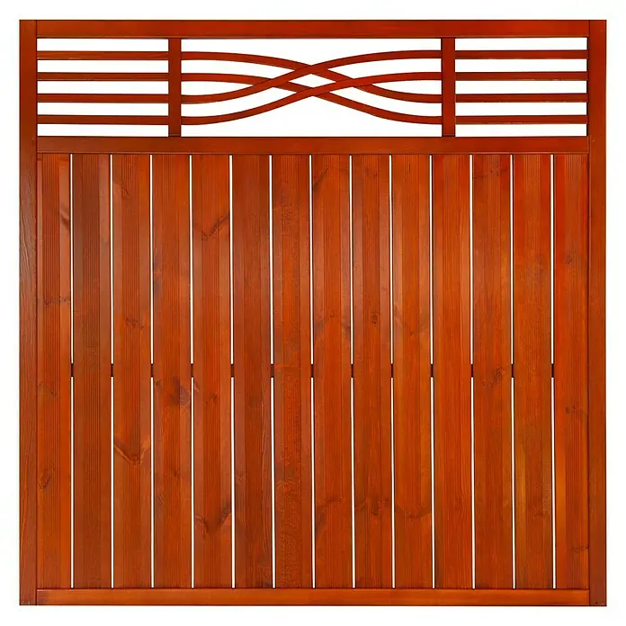 Andrewex Sichtschutzelement Malaga - 180 x 180 cm, Teak - Dieses Bild zeigt einen braunen Holzzaun mit einem dekorativen Lattenzaun, der sich perfekt für jeden Garten oder Hinterhof eignet.