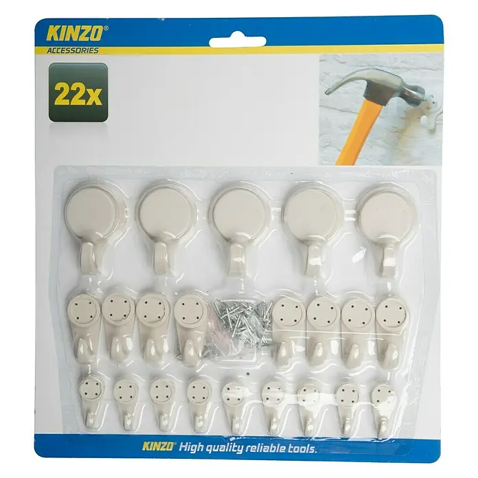 Gancho para colgar - Blanco - Paquete de 22 colgadores Kinzo para cuadros, ideales para colgar cuadros y decoraciones, con clavos para una fácil instalación.