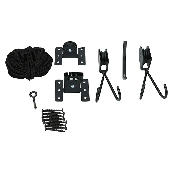Dunlop Elevador de techo para bicicletas - Peso total máx. admisible: 20 kg - Kit de elevación de techo con cuerda, poleas, ganchos, tornillos y accesorios para una fácil instalación y almacenamiento seguro.
