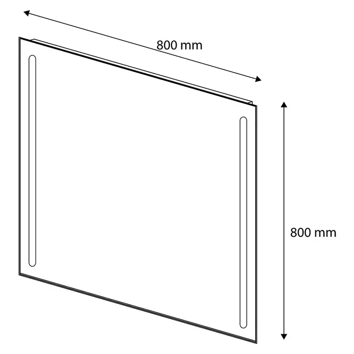 Conjunto de mueble de baño Danubio con lavabo Spectra - Blanco/Roble, 3 pzs. - Ilustración de un espejo rectangular con iluminación LED en los lados, dimensiones: 800 mm x 800 mm, ideal para baños y vestidores.